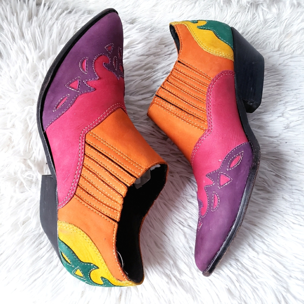 Vintage Circle S Multicolor Rainbow Western Ankle Boots
